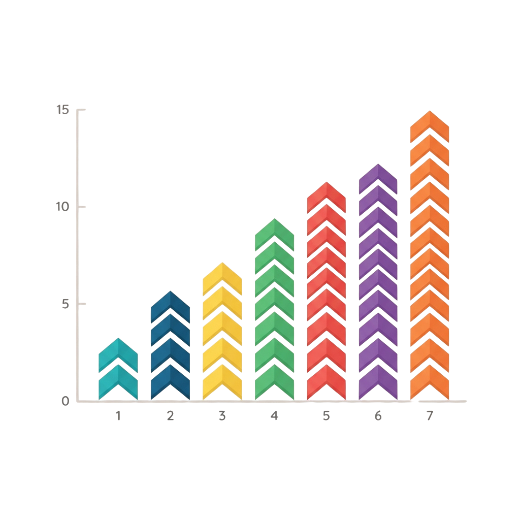 A bar chart with seven upward-pointing arrow-style bars increasing in height from left to right, each bar a different color.