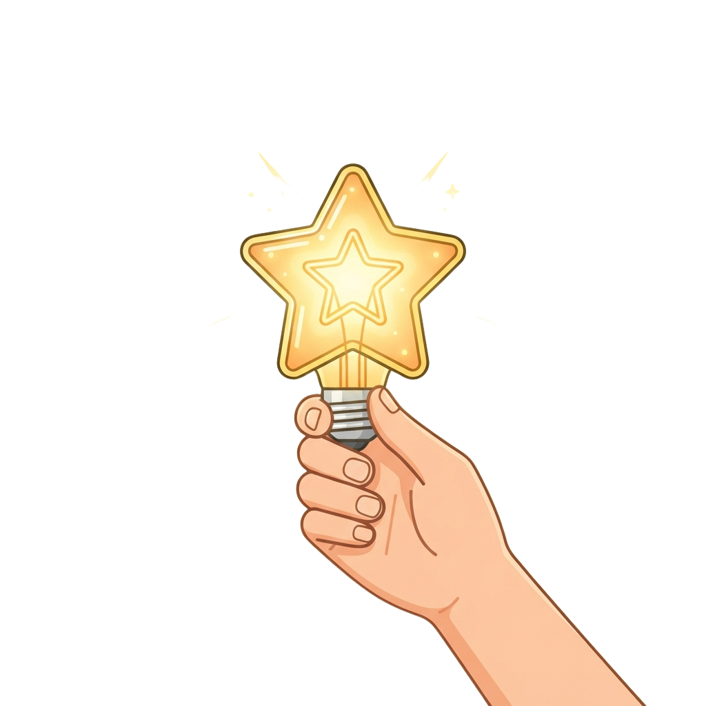 Hand holding a glowing star-shaped lightbulb with sparkles around it