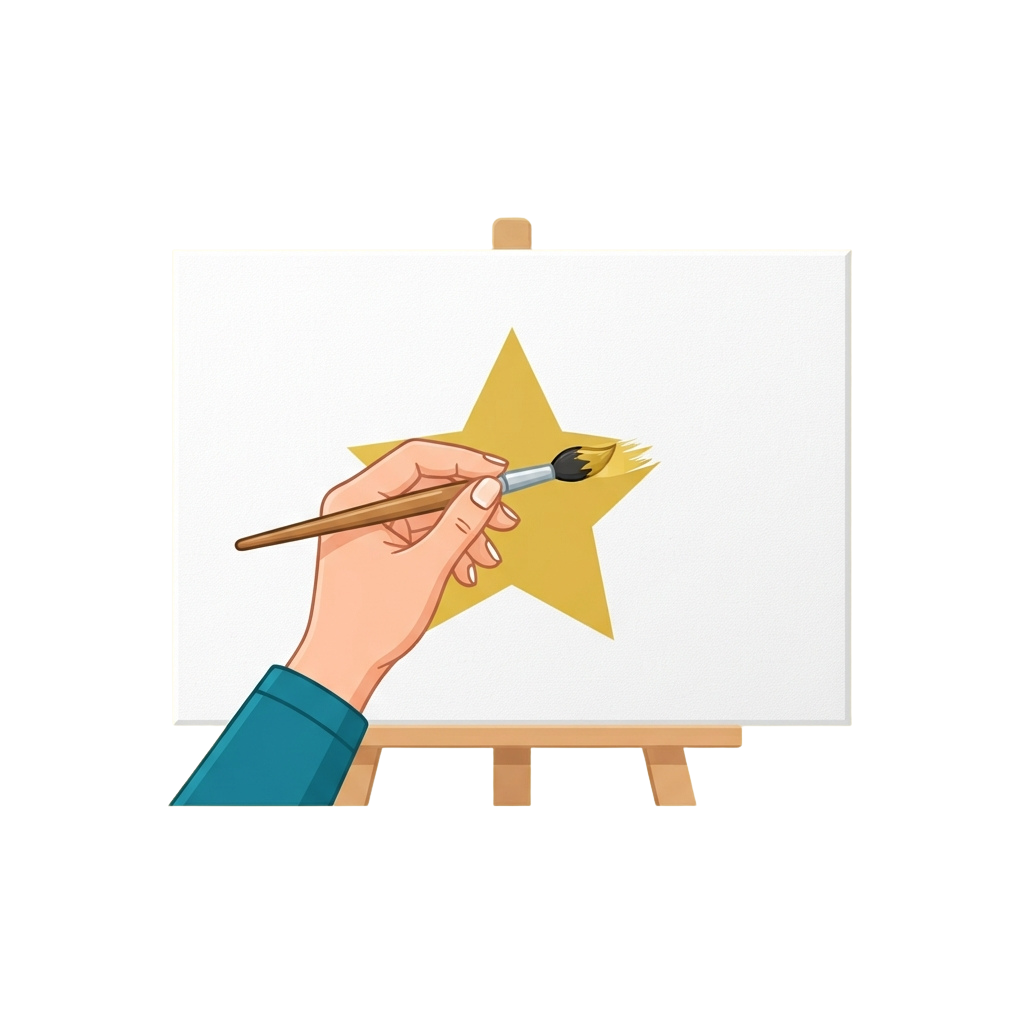 A hand holding a paintbrush adding yellow paint to a star shape on a canvas.