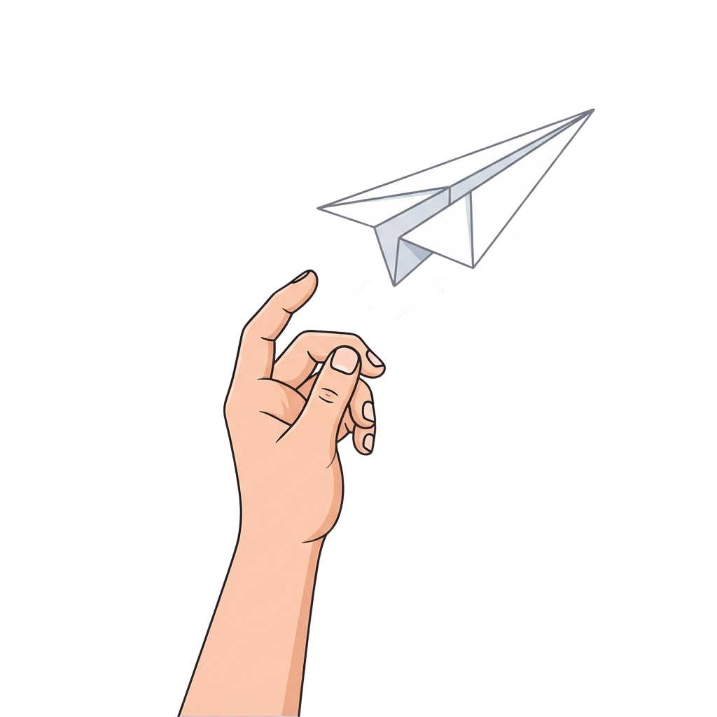 A hand releasing a white paper airplane against a black background