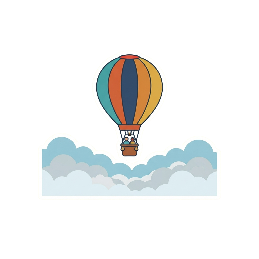 A hot air balloon with a basket containing two people floating above fluffy clouds
