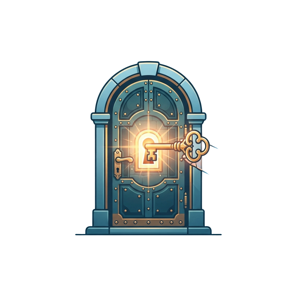 Illustration of a large metal door with a glowing keyhole and two keys hanging beside it