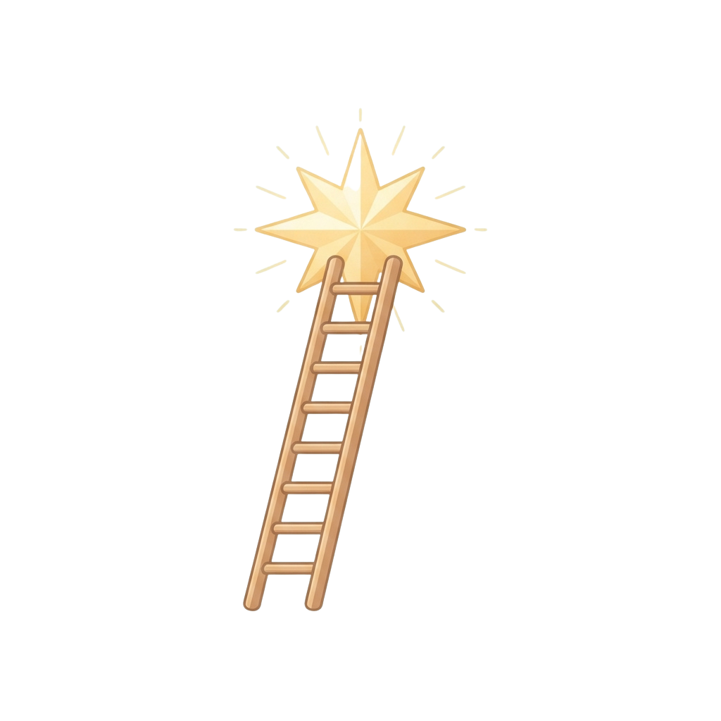 A wooden ladder leading up to a glowing star with rays of light