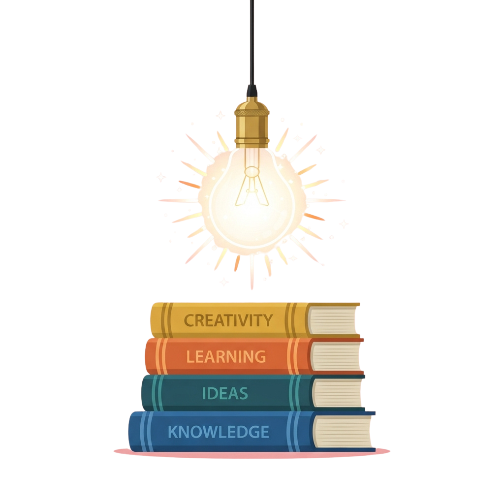 Illustration of a glowing lightbulb above four books labeled creativity, learning, ideas, and knowledge