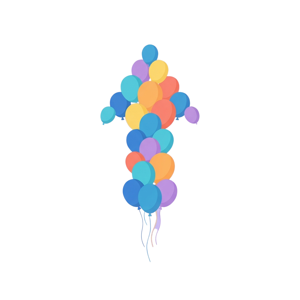 A cluster of colorful balloons in blue, purple, orange, and yellow tied together forming an upward arrow shape.