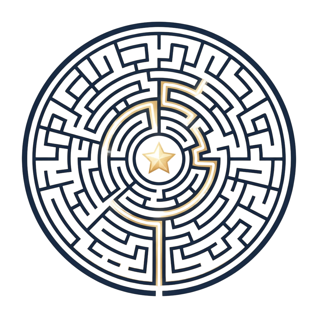 A circular maze with golden paths and walls, featuring a star at the center and a crescent shape at the bottom.