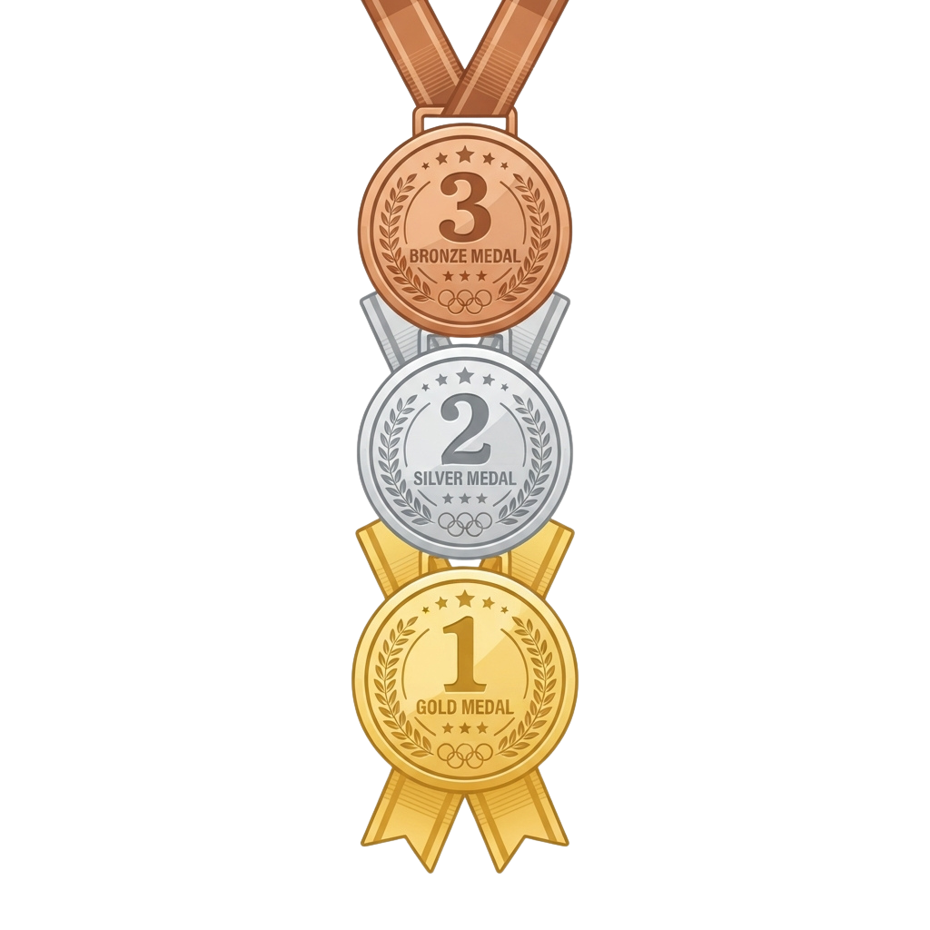 Three Olympic-style medals on a ribbon: gold for first place, silver for second, and bronze for third