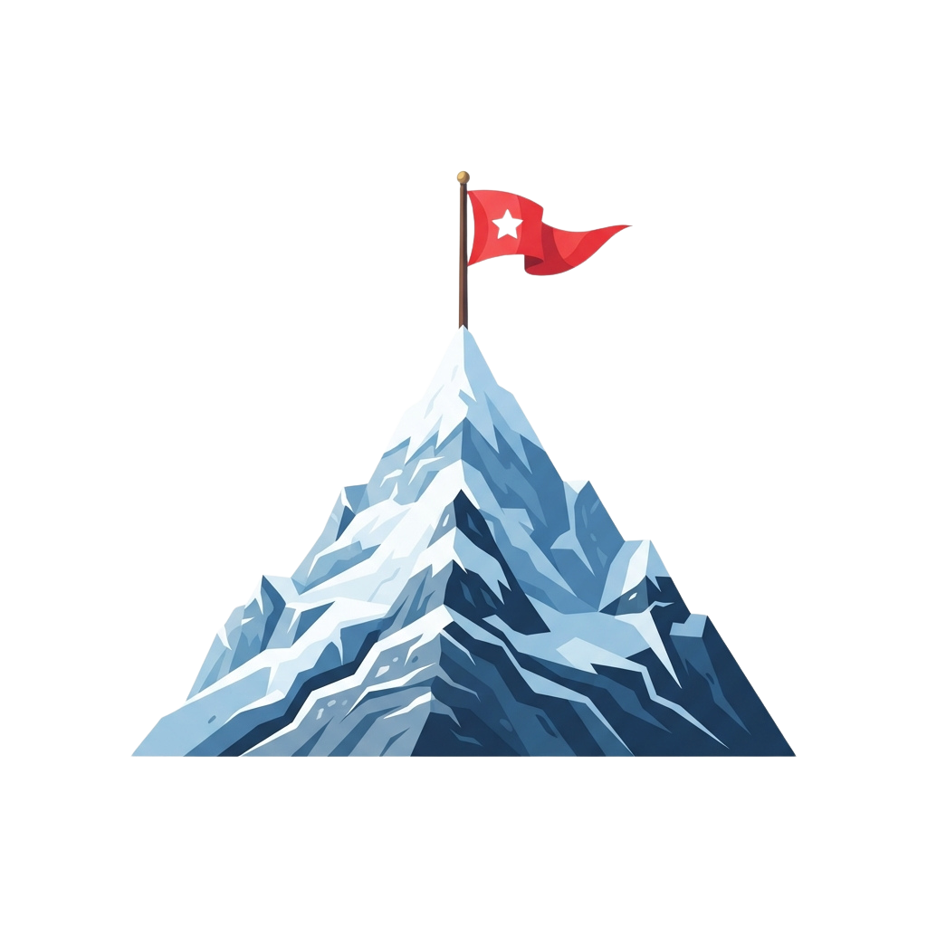 A stylized mountain peak with a red flag featuring a white star waving at the summit