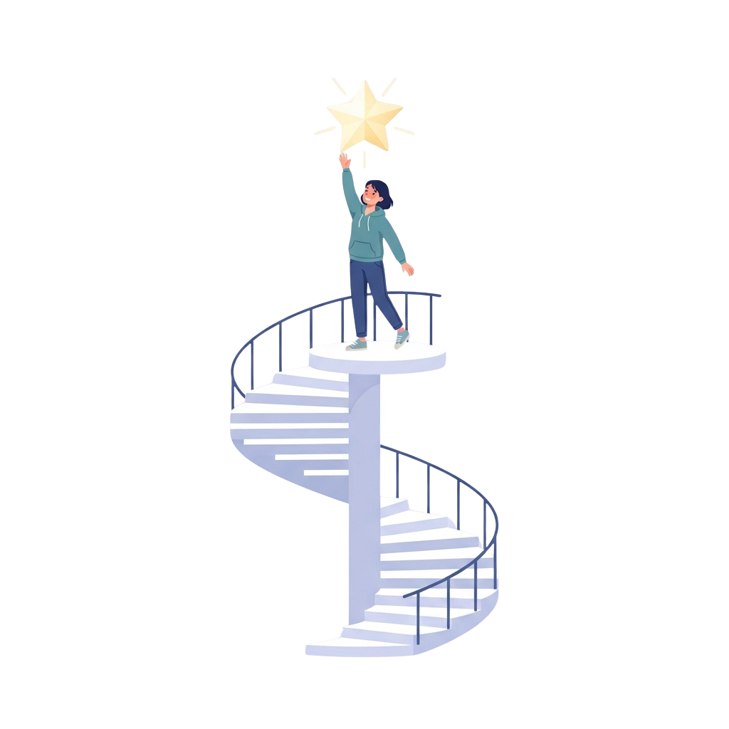 Illustration of a person standing on a spiral staircase holding a glowing star above their head