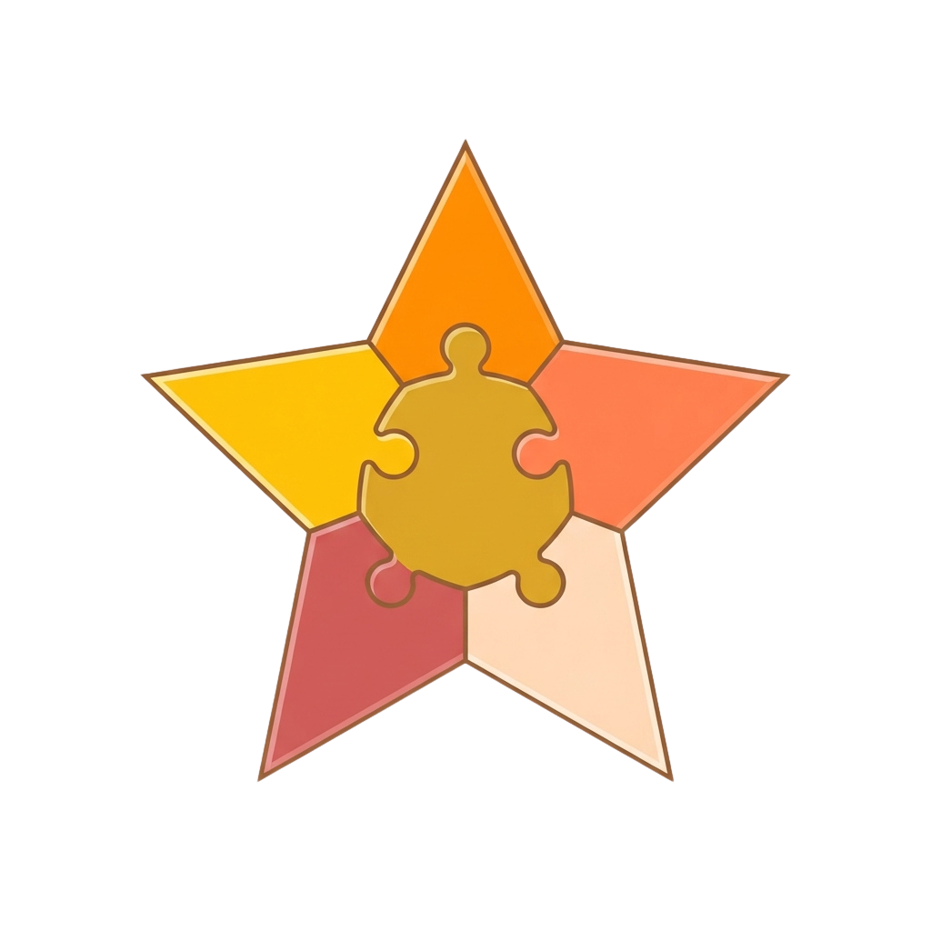 A star-shaped graphic with five gradient-colored sections and a yellow puzzle piece in the center