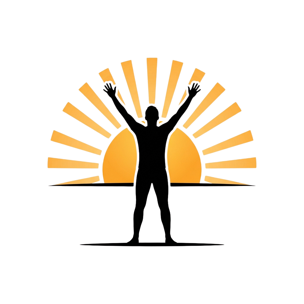 Silhouette of a person with arms raised inside a bright sunburst shape