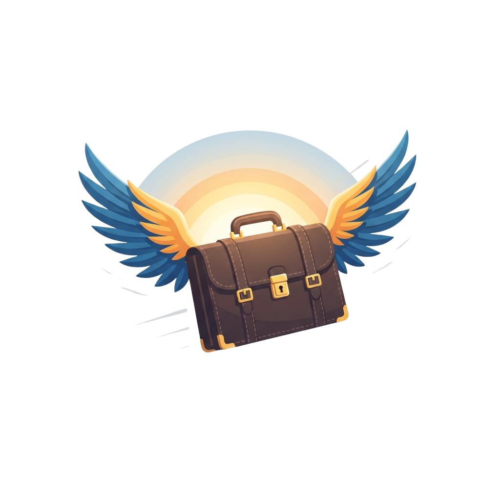 A briefcase with golden wings flying against a gradient sky background