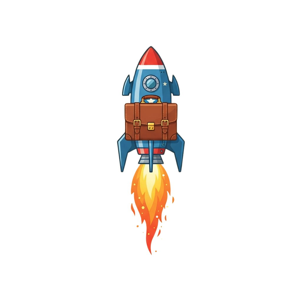 A stylized rocket ship carrying a brown briefcase, launching with orange flames at the base