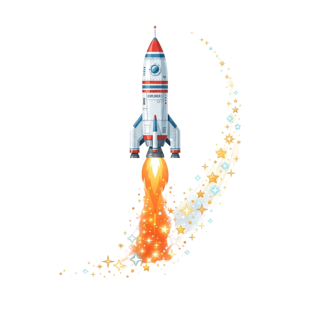 A stylized rocket labeled Explorer 1 launching upward with a bright flame and sparkling particles trailing behind