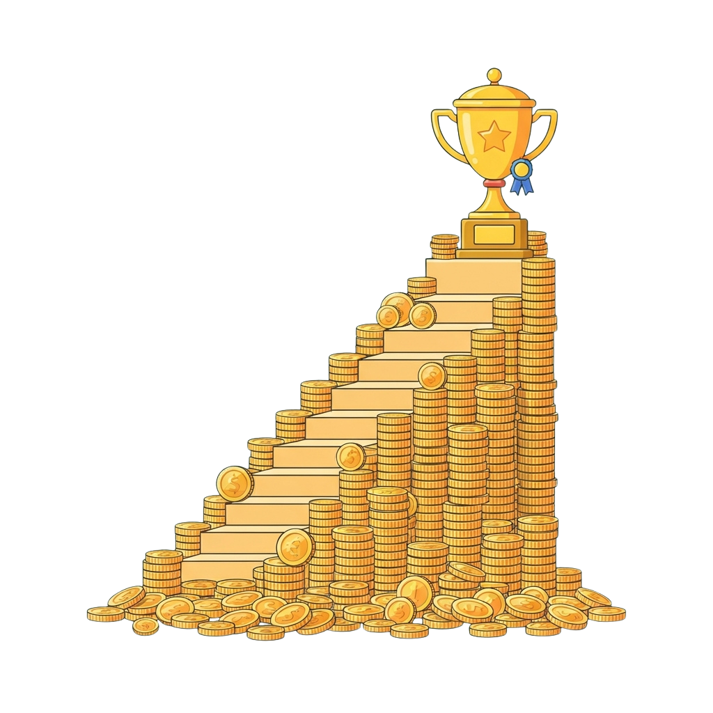 A golden trophy with a star sits atop a pyramid of gold coins on a dark background