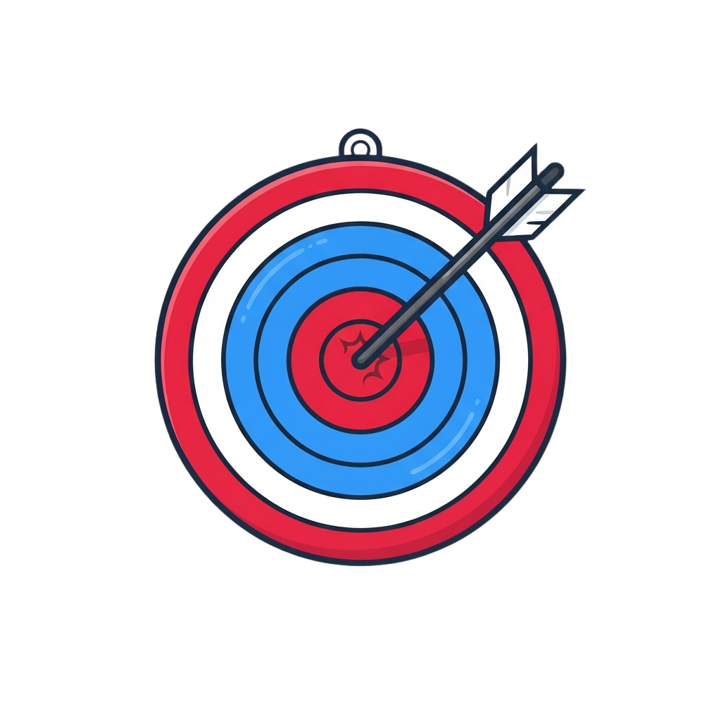 An archery target with concentric rings in red, white, and blue colors and an arrow hitting the bullseye
