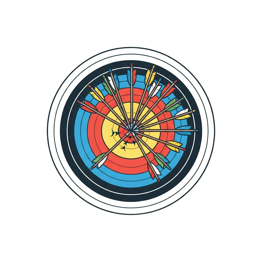 Illustration of an archery target with multiple colorful arrows hitting the bullseye and surrounding rings