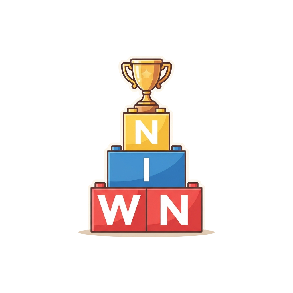 Illustration of a trophy cup atop stacked blocks spelling WIN in red, blue, and gold colors
