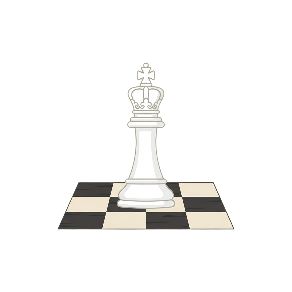 A white chess king piece positioned on a black and white checkerboard square