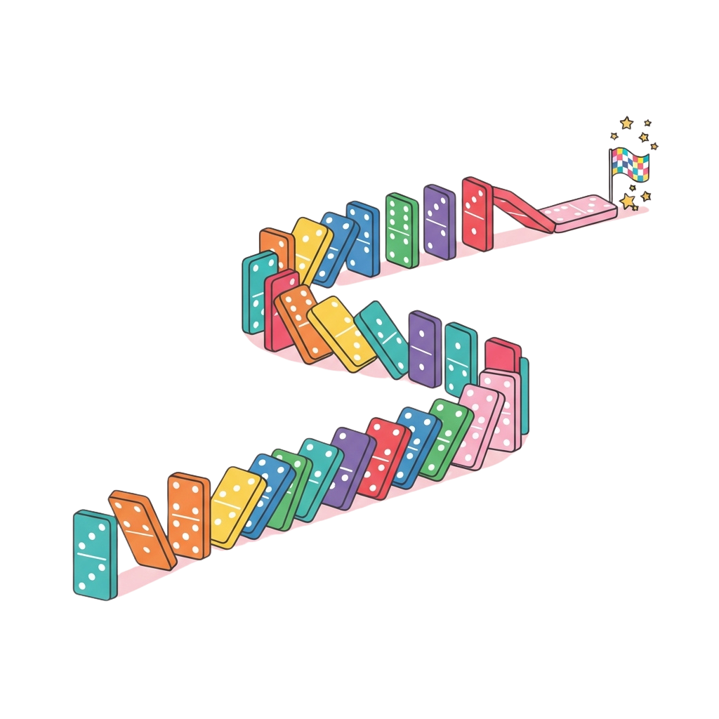 Two cascading chains of colorful dominoes falling in a wavy pattern against a black background