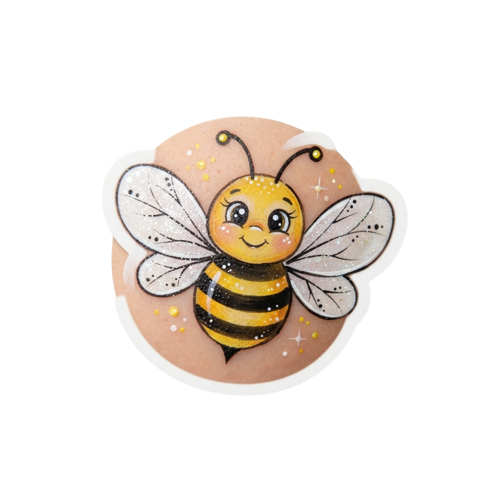 A cheerful cartoon bee with yellow and black stripes, smiling face, and sparkly wings on a light background