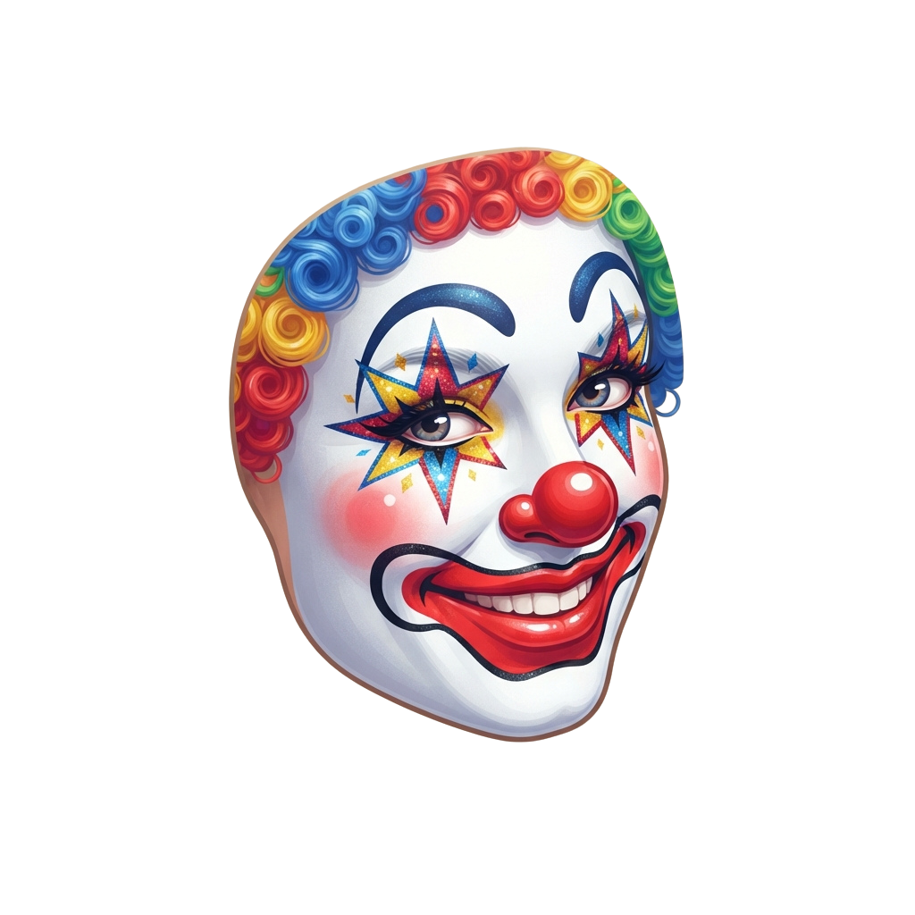 Clown face with white base, red nose, colorful curly wig, and star pattern near the eye