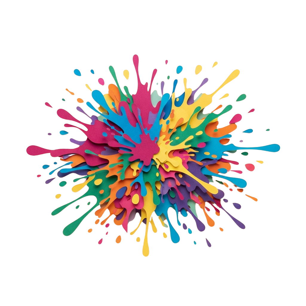 A dynamic, colorful paint splash with bright hues radiating outward on a black background