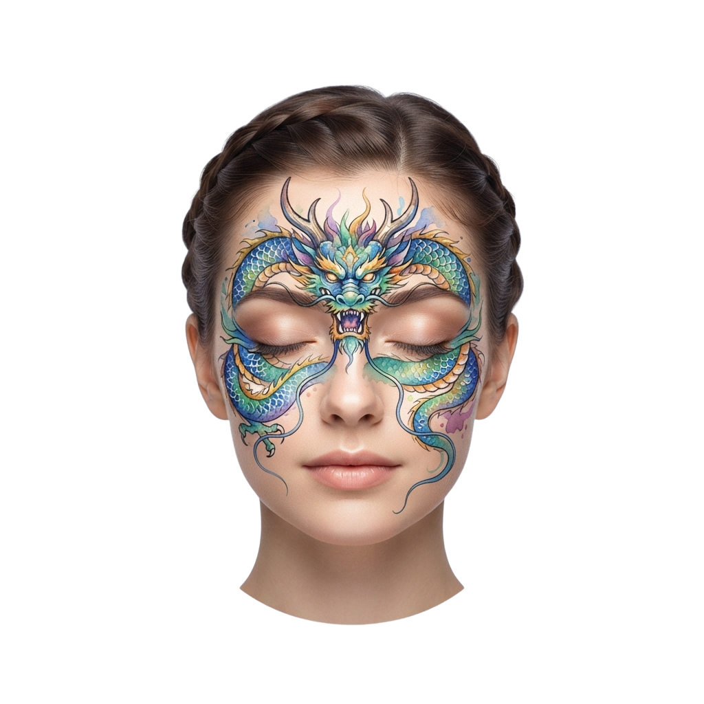Person with colorful dragon face paint covering eyes and extending down cheeks in artistic design