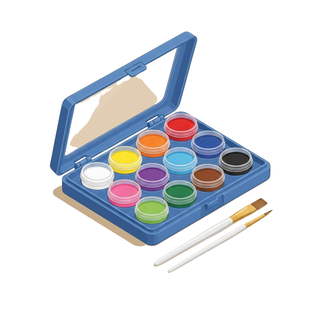 A blue acrylic paint set with twelve color containers and two brushes laid beside it