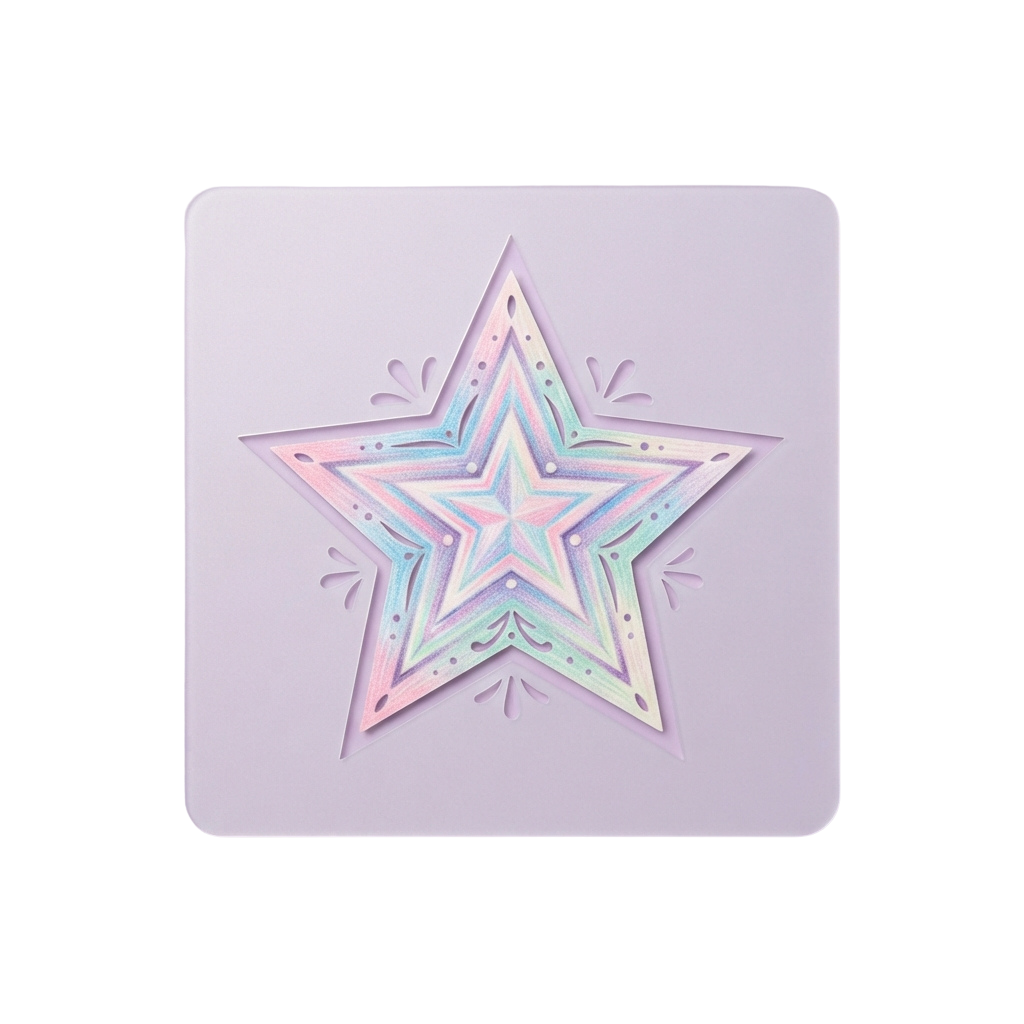 A decorative star with pastel colors and intricate patterns on a light background