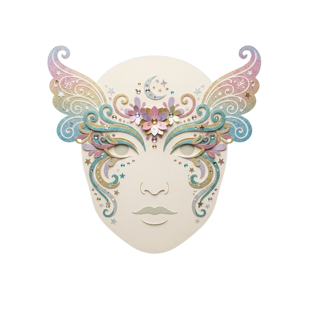 Decorative face mask featuring intricate floral and celestial patterns with pastel colors and glittery accents
