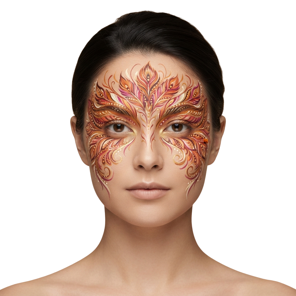 Person with intricate floral face paint featuring symmetrical designs in warm tones