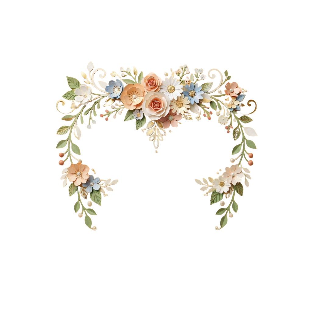Decorative wreath featuring roses, daisies, and leafy greenery on a dark background