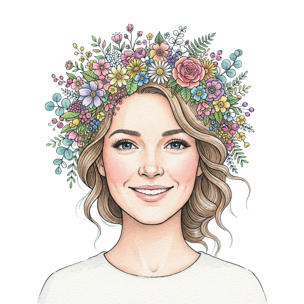 Illustration of a smiling woman with blonde hair and a colorful floral crown headpiece