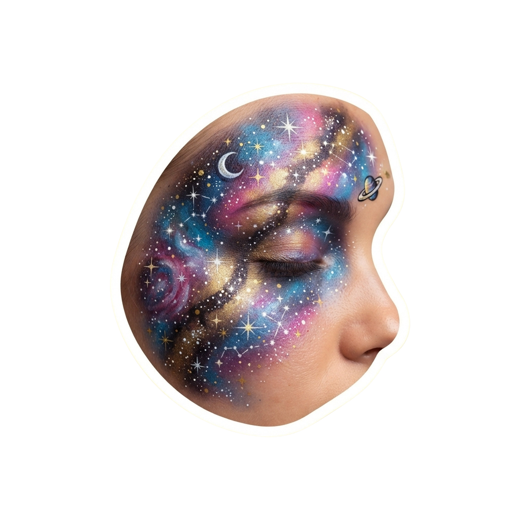 A face adorned with colorful galaxy makeup featuring stars, a crescent moon, and cosmic swirls