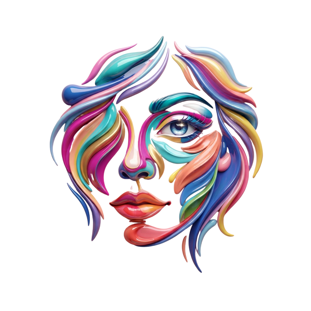 A stylized portrait featuring a face and flowing rainbow-colored hair against a black background