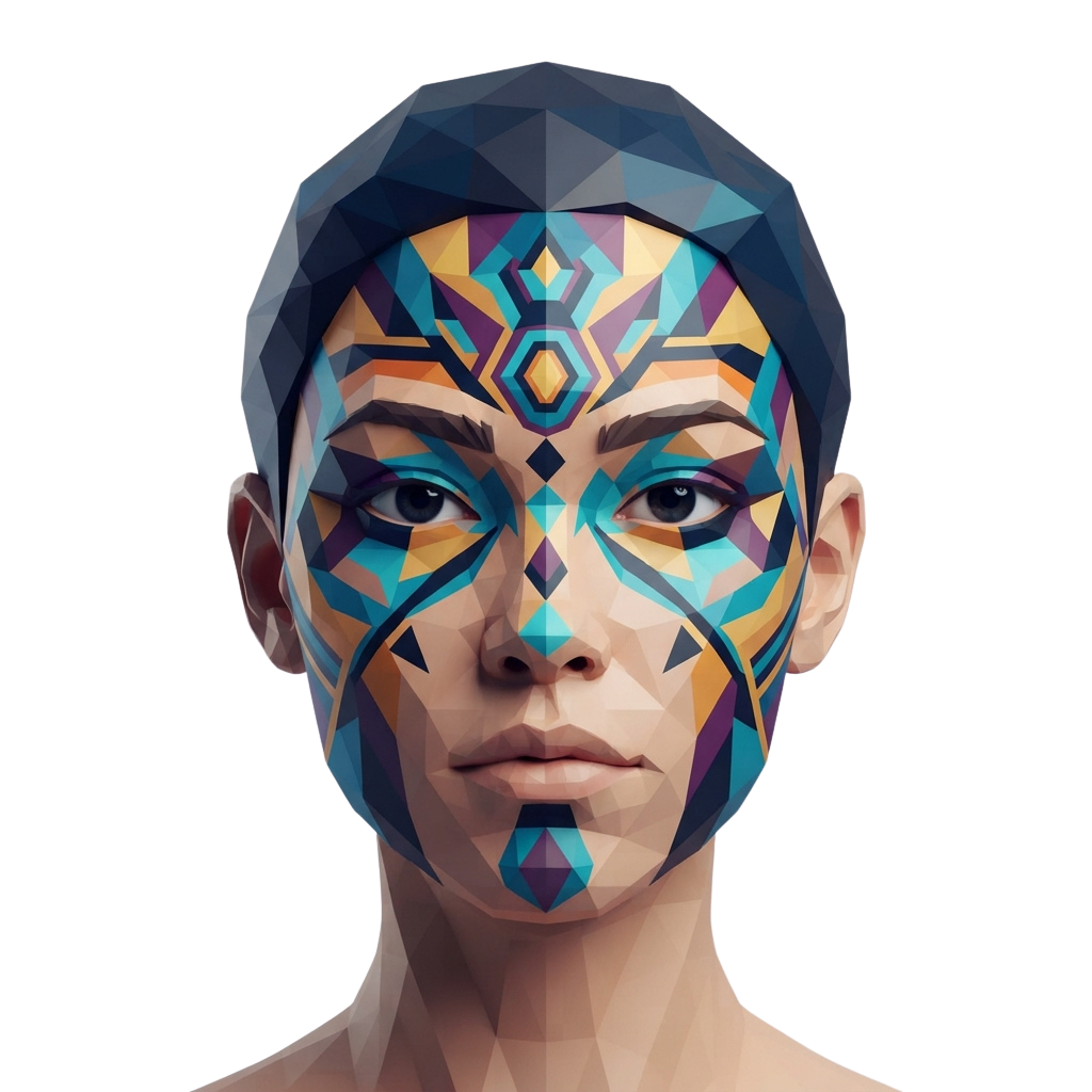 A digital illustration of a face with colorful geometric tribal patterns on the forehead and cheeks