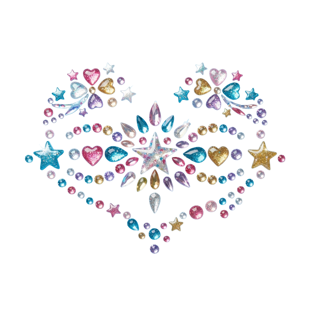 Heart shape made of colorful gemstones, stars, and beads on black background