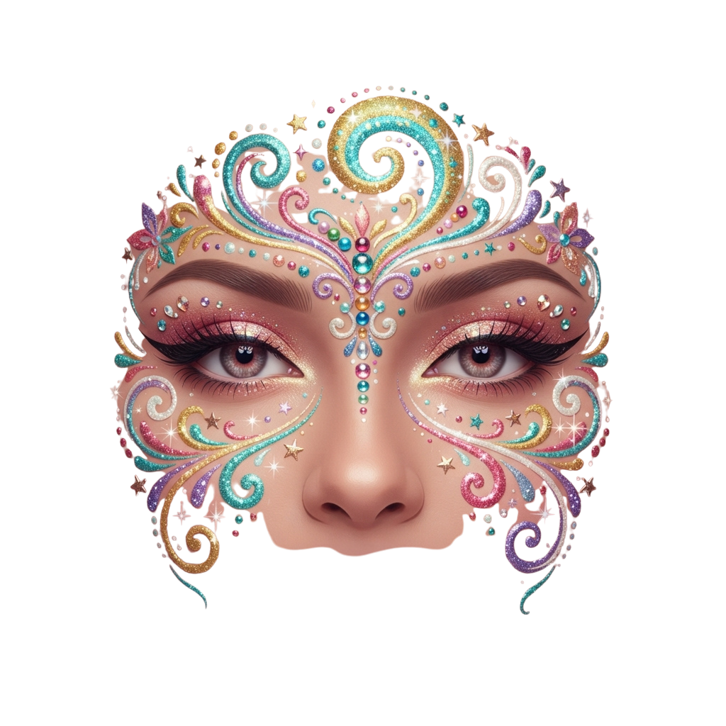 Decorative face adorned with intricate swirl patterns, gemstones, and colorful designs around the eyes and forehead