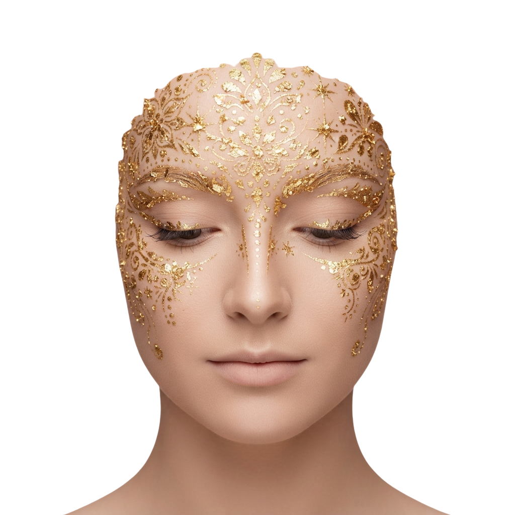 Person with intricate gold floral patterns painted on forehead and face