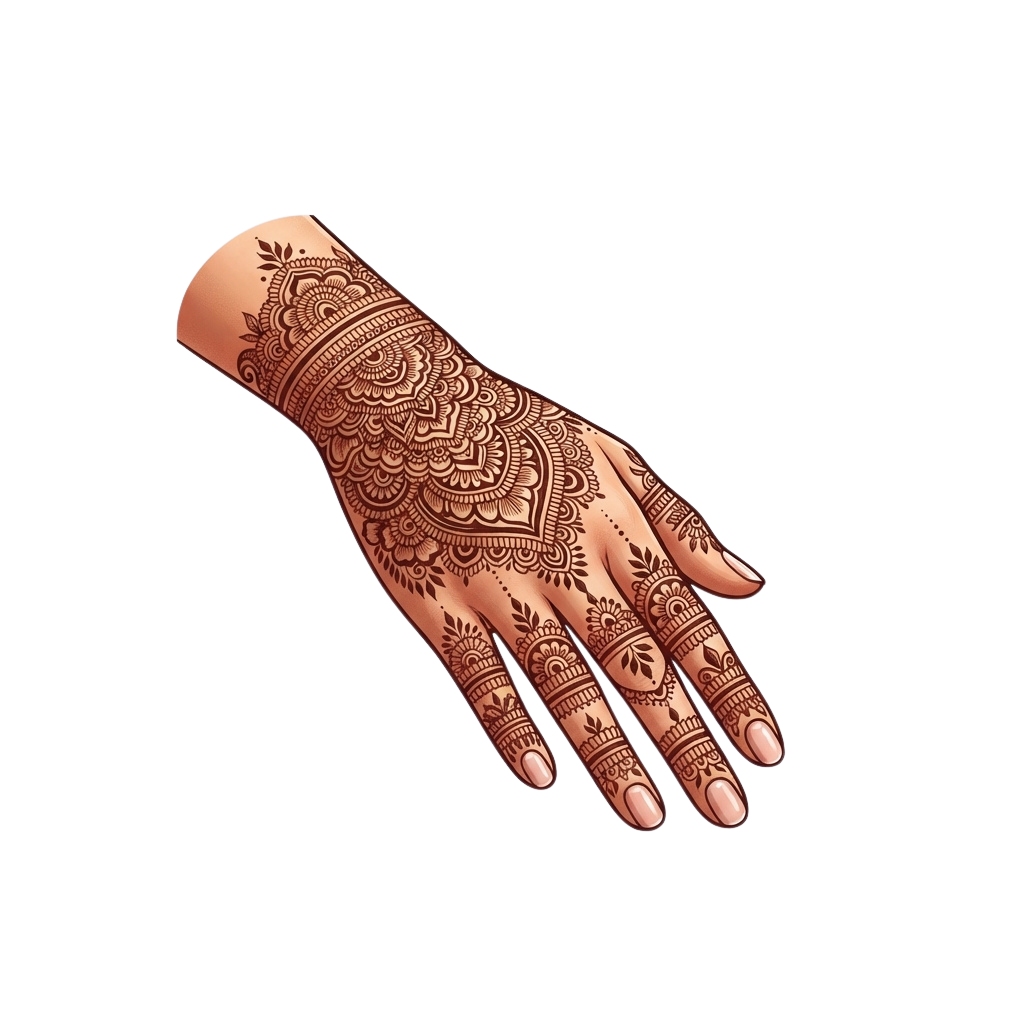 A hand adorned with detailed traditional Mehndi or henna patterns on the palm and fingers