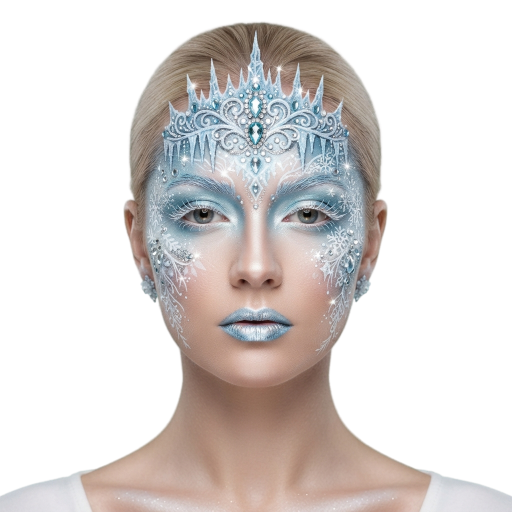 Person with intricate icy blue face paint and a matching decorative headpiece resembling frost and ice crystals