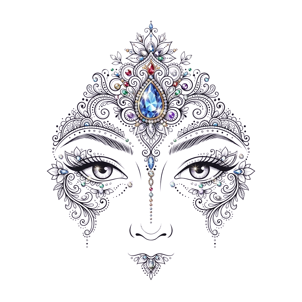 Decorative eye illustration adorned with ornate patterns and colorful gemstones