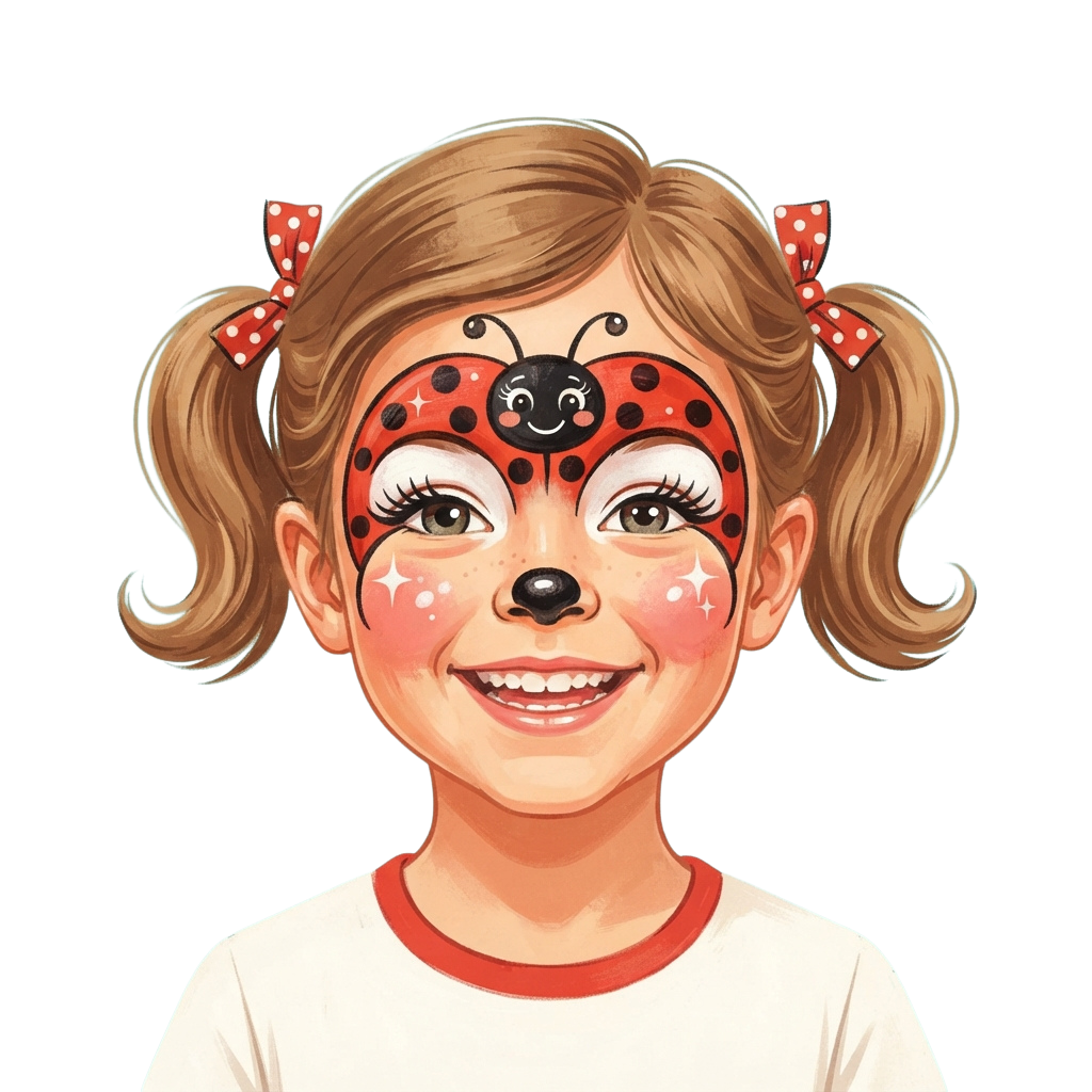 Smiling child with ladybug face paint and red bows in hair