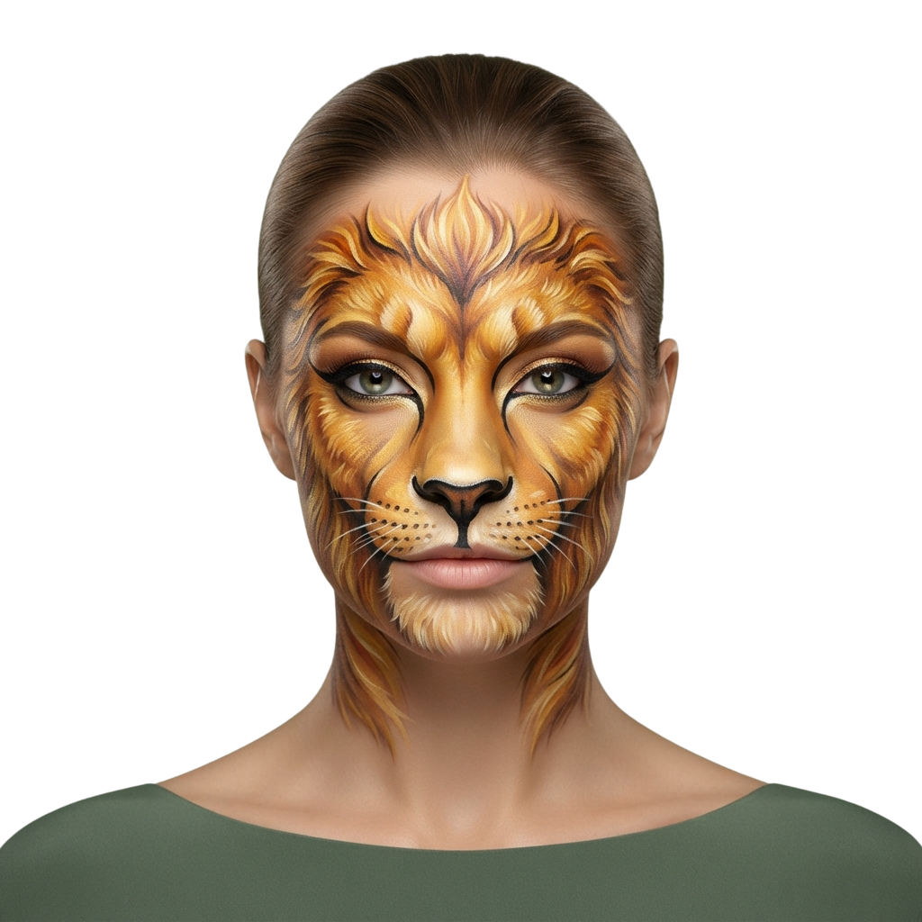 Person with lion face paint makeup featuring detailed fur patterns and whiskers