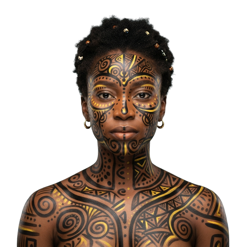 Person with intricate traditional African face and body paint featuring geometric and swirling patterns in gold and black