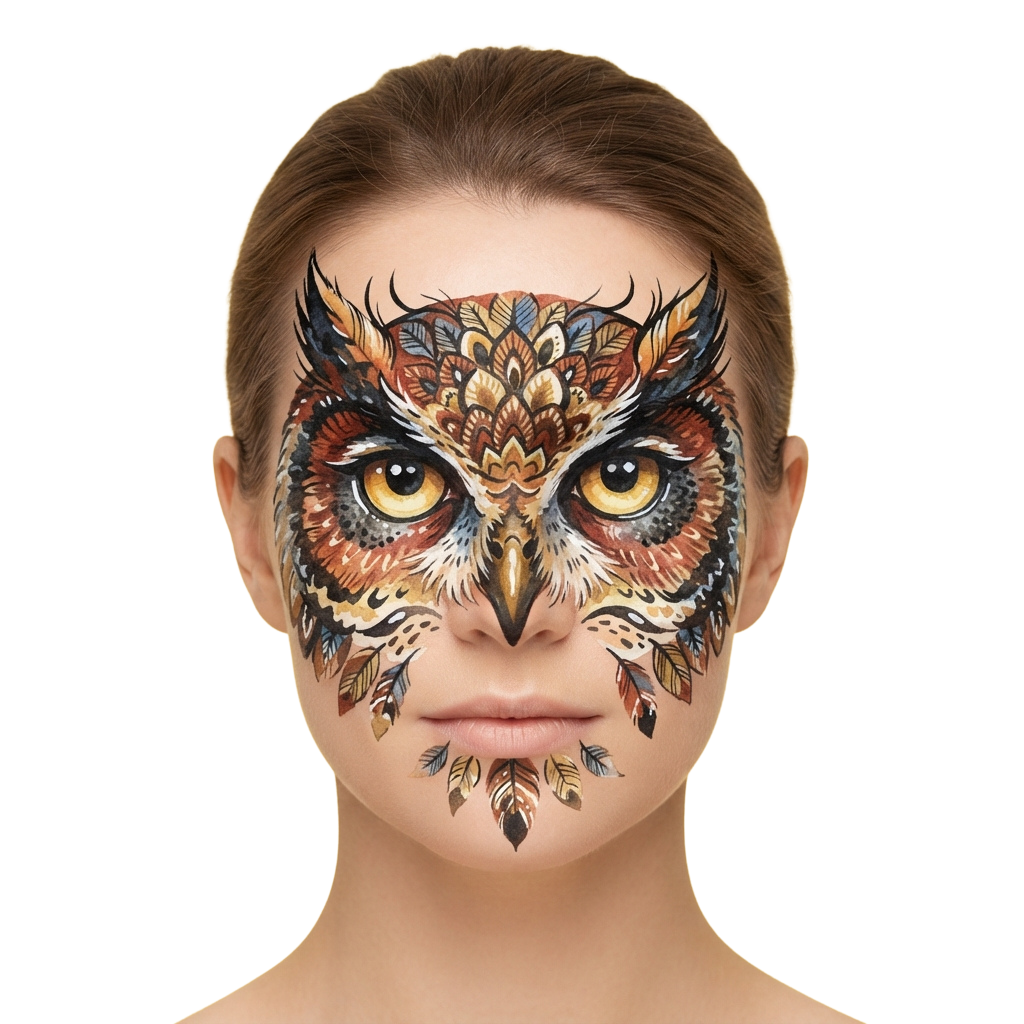 Person with intricate owl face paint featuring feathers and detailed eye patterns