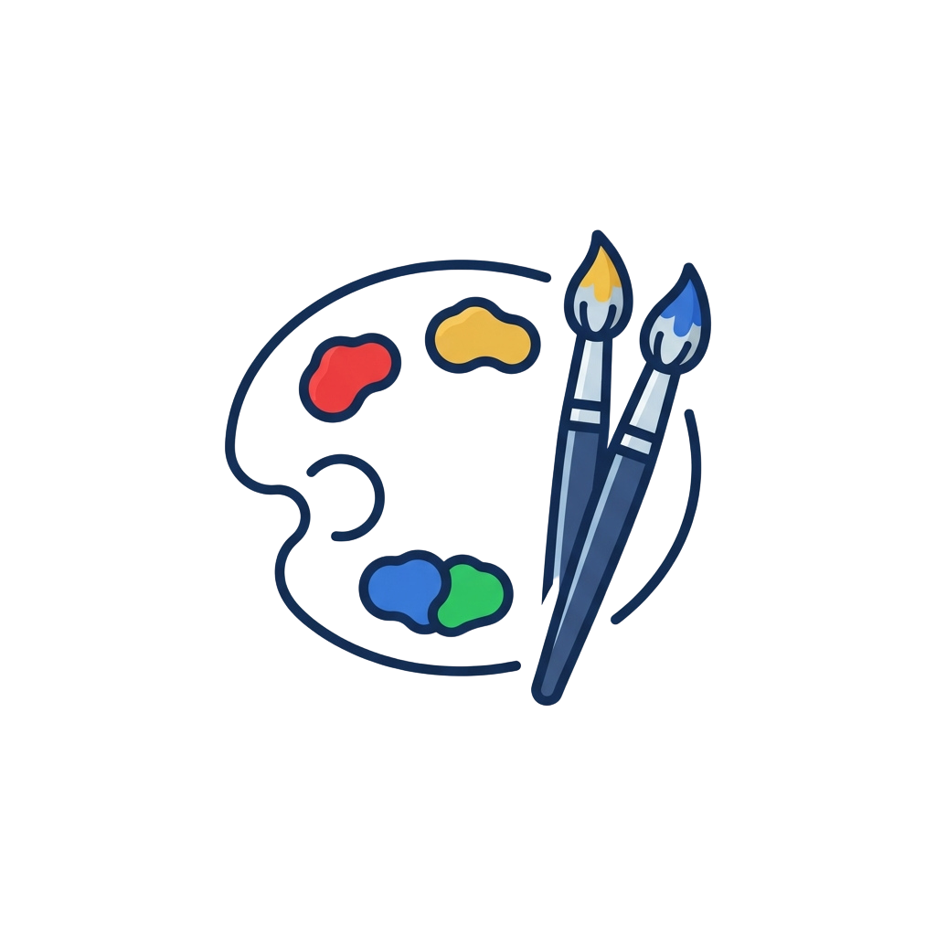 Illustration of a paint palette with red, yellow, green, and blue colors and two paintbrushes.
