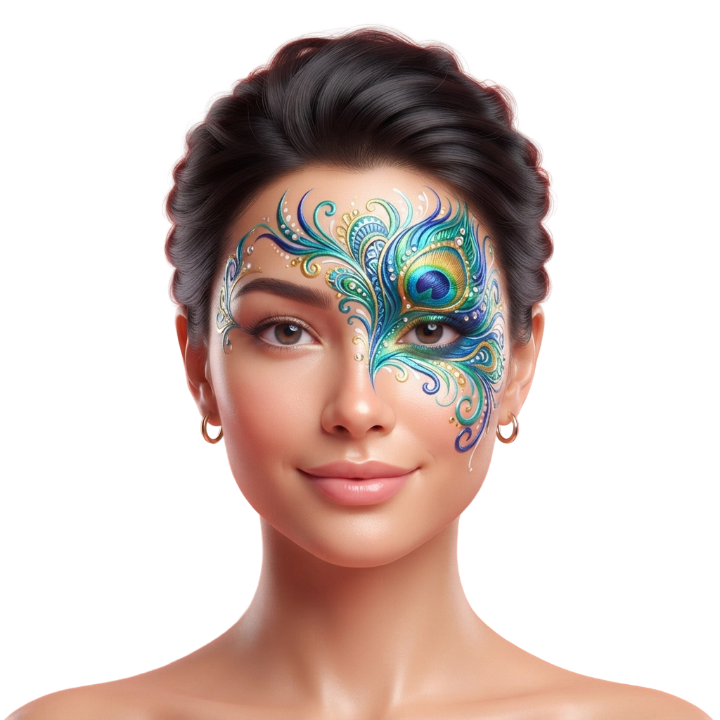 Person with intricate peacock and floral face paint on half the face