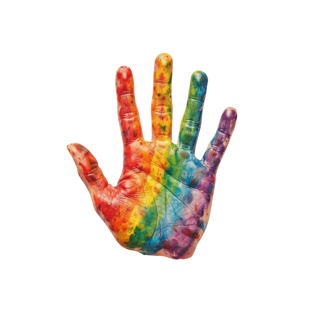 A hand painted with vibrant rainbow colors against a black background